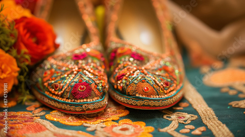 A close-up of traditional Indian footwear like juttis or mojris with copy space photo
