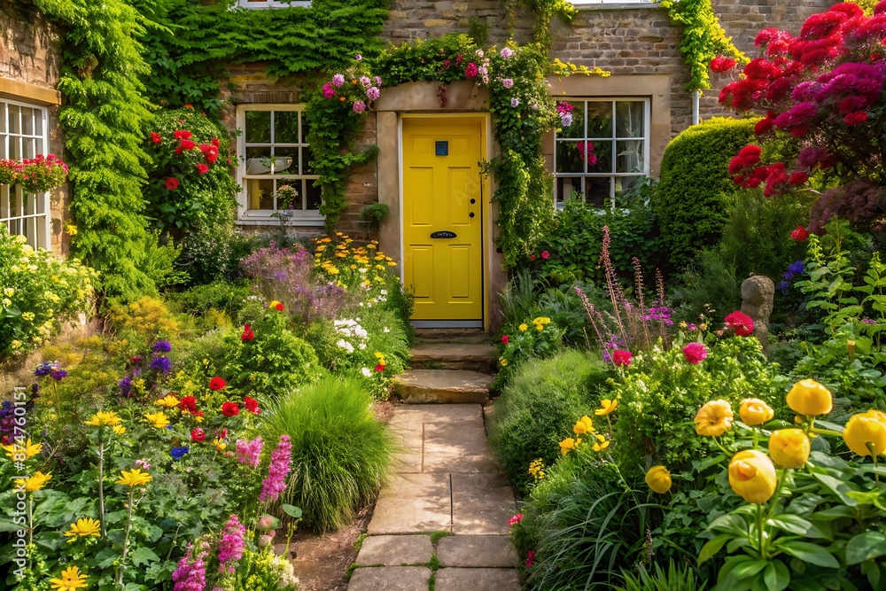 A serene garden path, lined with lush greenery and vibrant flowers, leads to a bright yellow door of a charming traditional British house. A serene garden path, lined with lush greenery and vibrant flowers, leads to a bright yellow door of a charming traditional British house.