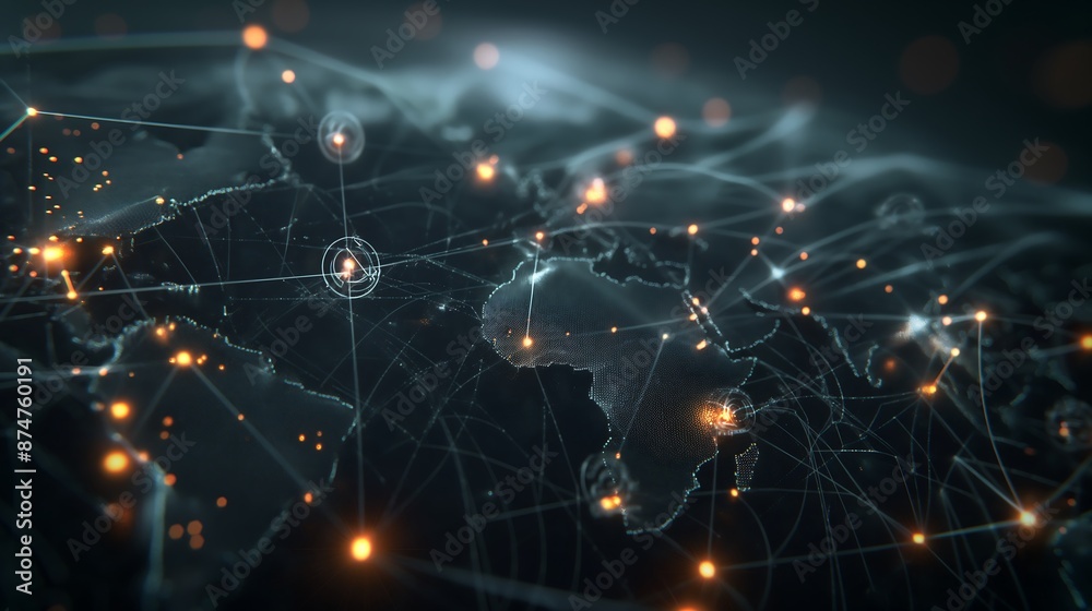 Obraz premium 4K Realistic Depiction of Global Data Network with Glowing Lines Nodes and Financial Health Social Media Data Icons on Dark Background