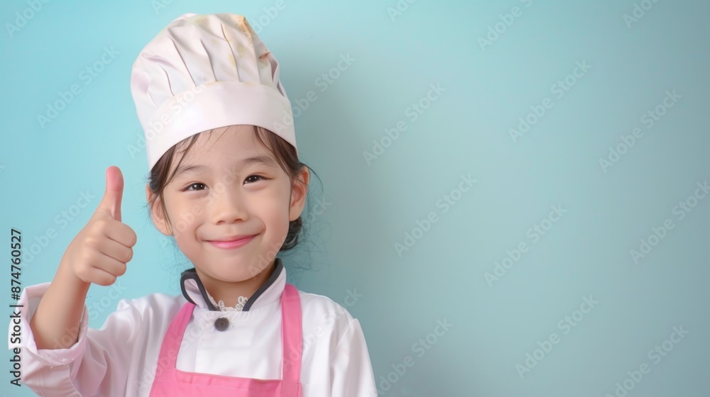 Smiling Cute Butcher with Professional Tools Giving Thumb-Up in Portrait Photography on Pastel Background Smiling Cute Butcher with Professional Tools Giving Thumb-Up in Portrait Photography on Pastel Background