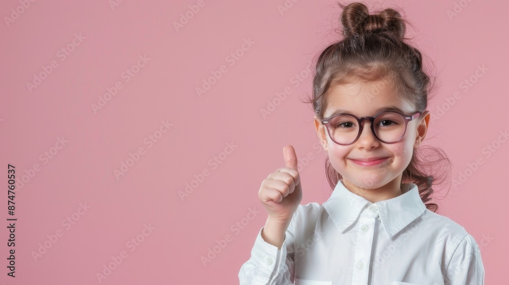 Cheerful Little Bookkeeper with Professional Tools Giving Thumbs Up in Portrait Photo on Pastel Background Cheerful Little Bookkeeper with Professional Tools Giving Thumbs Up in Portrait Photo on Pastel Background