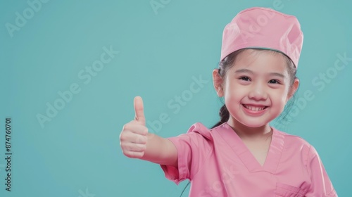 Cheerful Little Nurse with Thumb-Up in Pastel Portrait - Pediatric Healthcare Concept photo