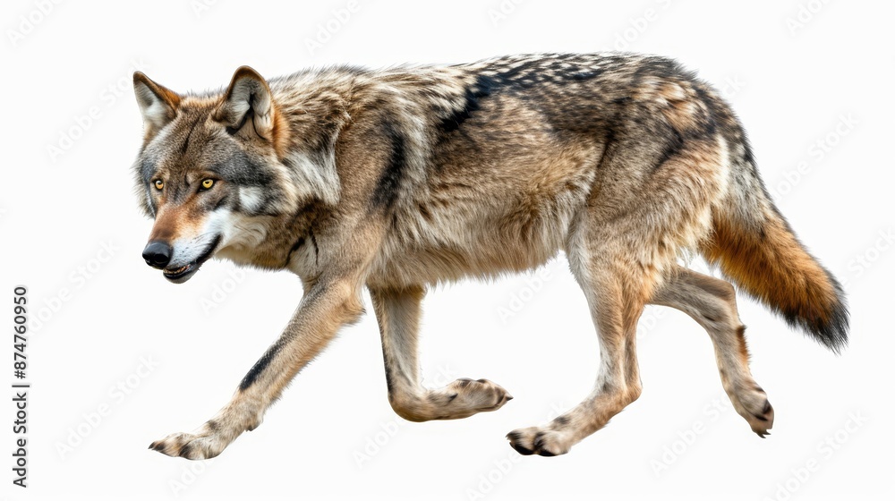 Fototapeta premium A wolf is walking on a white background