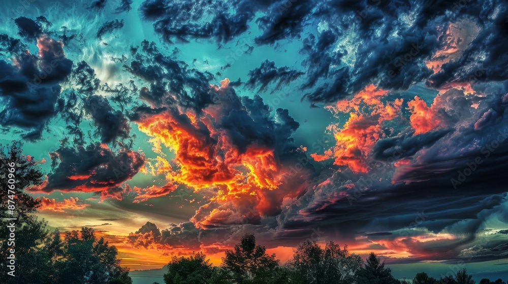 Fiery Sunset Sky. Dramatic Cloudscape with Vibrant Colors
