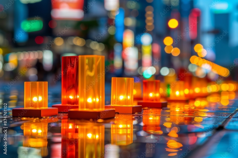 Bright city lights reflecting on water, capturing the vibrant nightlife and energy of an urban setting in a colorful photograph. Bright city lights reflecting on water, capturing the vibrant nightlife and energy of an urban setting in a colorful photograph.