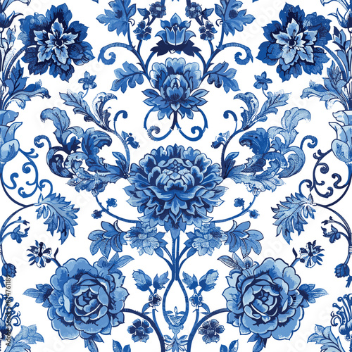 Blue Seamless Pattern With Floral Motifs Print Chinoiseries