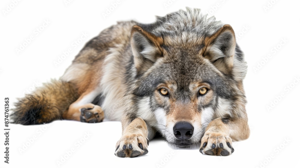 Fototapeta premium A wolf is laying down on a white background