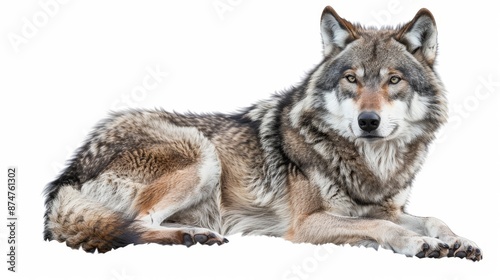 A wolf is laying down on a white background