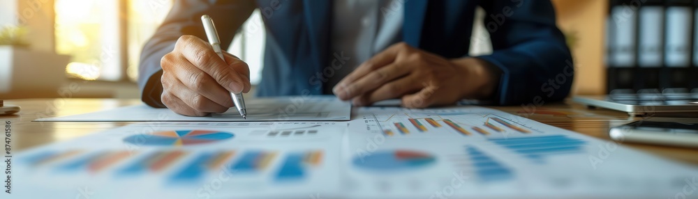 Business professional analyzing financial charts and graphs while ...