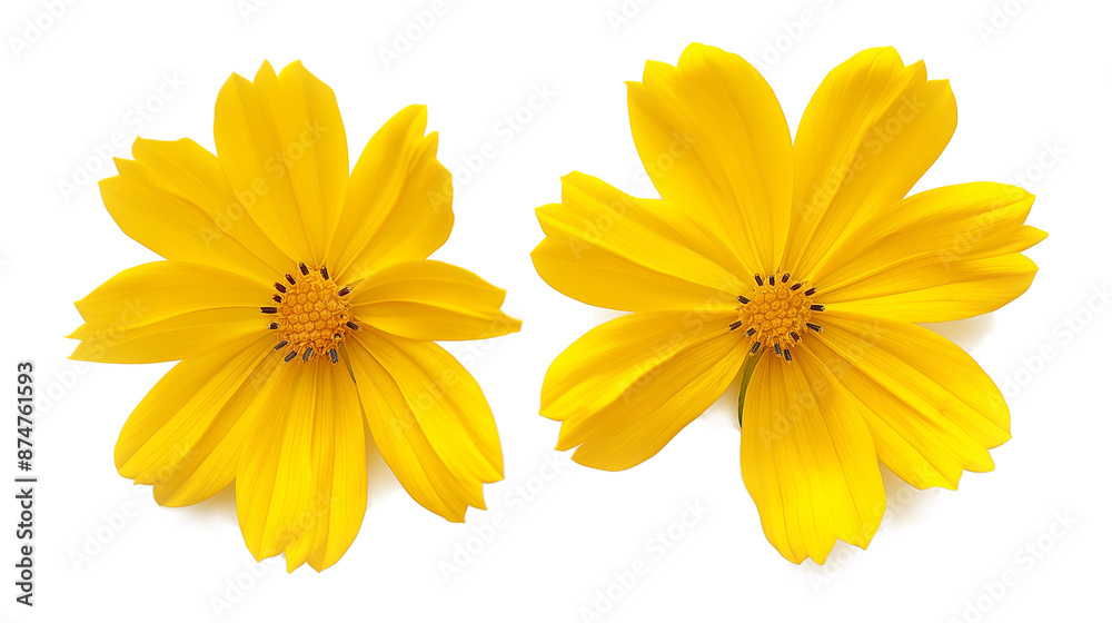 Obraz premium Two yellow flowers with black centers isolated on a white background