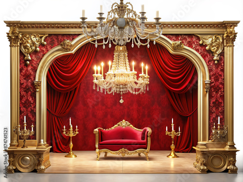 Vibrant red velvet backdrop, ornate golden frame, and lavish chandelier set the stage for a vacant, yet tantalizing, Belle Époque-inspired dance scene.