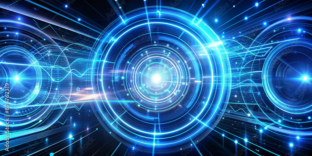 Obraz premium Vibrant blue neon circuits and abstract shapes swirl in hypnotic motion, creating a mesmerizing futuristic tech background animation loop with a dynamic pulsing effect.