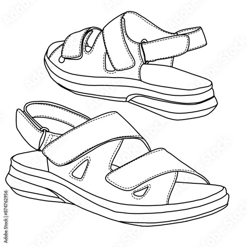 Women's Comfort Orthotic Walking Sandals Open Toe Arch Support Slides With Velcro Line art, Technical sketch hand drawing outline vector doodle illustration isolated on white background