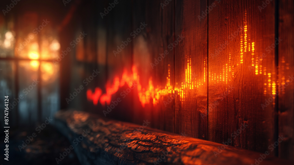 A growing candlestick bar stock market chart against an oak wall texture, realistic style, shading and textures.
