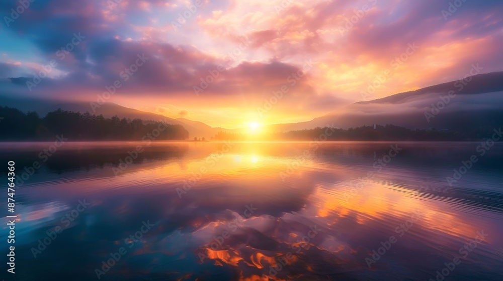 Sunrise over a Serene Lake. Tranquil Mountain Reflections at Dawn Sunrise over a Serene Lake. Tranquil Mountain Reflections at Dawn