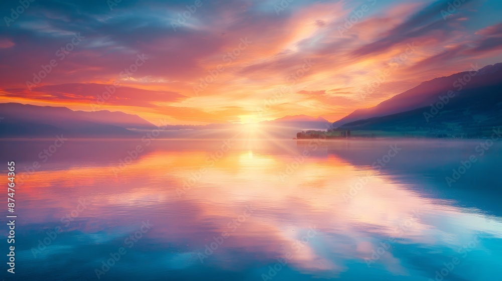 Obraz premium Stunning sunset over tranquil lake with vibrant colors reflecting in water. Beautiful natural landscape or scenery perfect for relaxation, meditation, and nature photography