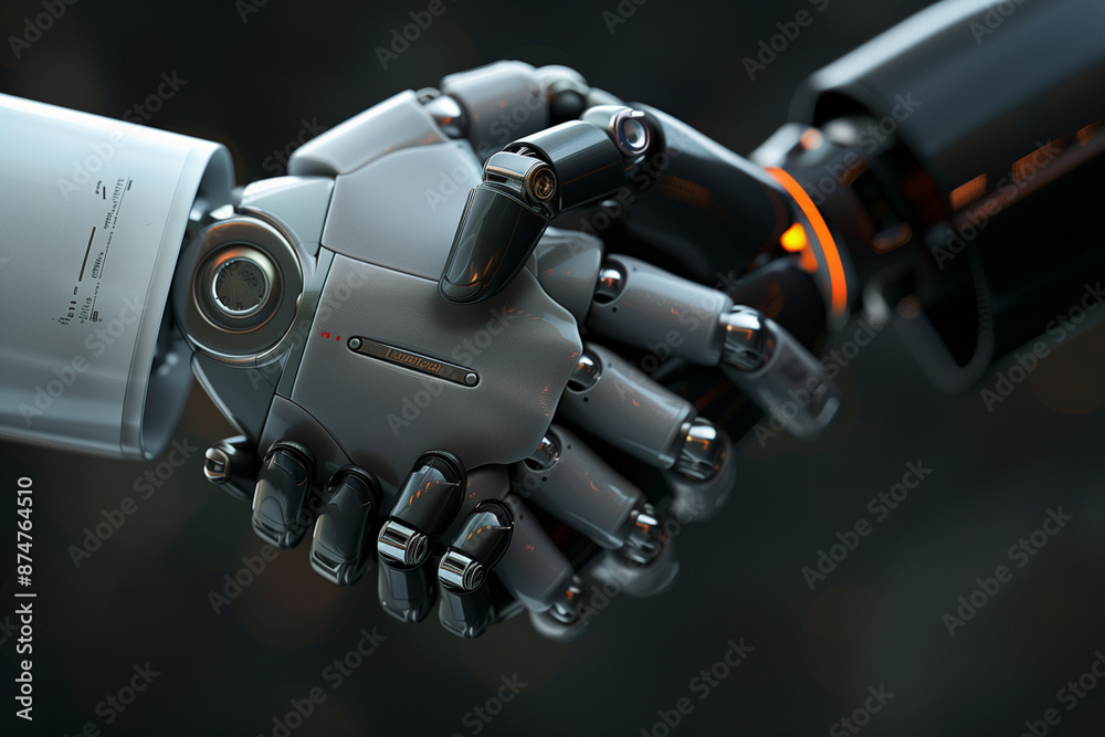 Two robotic hands shaking hands. Concept of technology and innovation, as well as the idea of human-like machines interacting with each other Two robotic hands shaking hands. Concept of technology and innovation, as well as the idea of human-like machines interacting with each other