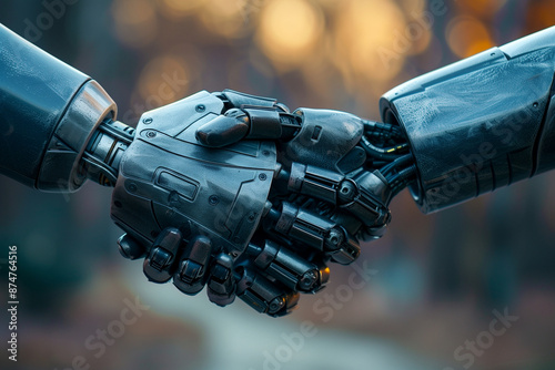 Two robotic hands shaking hands. Concept of technology and innovation, as well as the idea of human-like machines interacting with each other