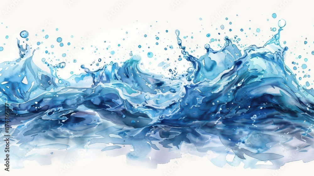 Abstract watercolor painting of vibrant blue ocean waves with splashes, depicting dynamic energy and fluidity. Abstract watercolor painting of vibrant blue ocean waves with splashes, depicting dynamic energy and fluidity.