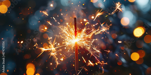 Closeup of a sparkler glowing brightly, emitting sparks and festive light against a dark background. photo