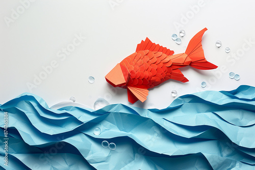 Orange origami fish swimming in blue paper waves with water droplets, representing creativity and craftsmanship. photo