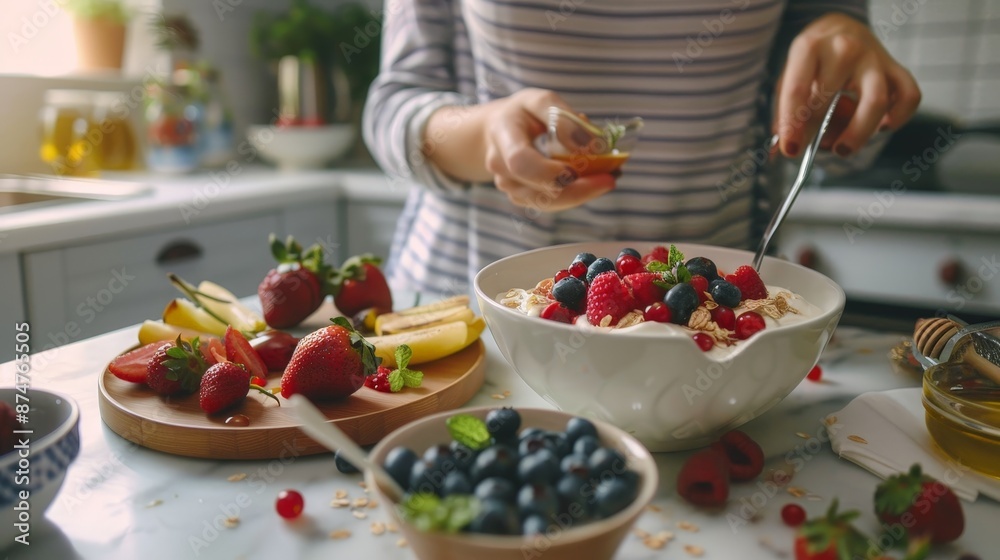 A woman in a sunny kitchen mixes a breakfast bowl of natural yogurt with raspberries, blueberries, strawberries, and blackberries, with a bowl of honey and a variety of fresh fruits close by. A woman in a sunny kitchen mixes a breakfast bowl of natural yogurt with raspberries, blueberries, strawberries, and blackberries, with a bowl of honey and a variety of fresh fruits close by.