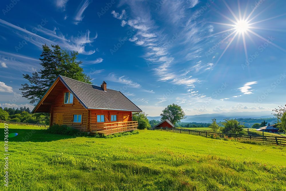 A picturesque landscape with a wooden cabin in a lush green field under a bright blue sky. The serene environment and beautiful weather suggest peace and tranquility. A picturesque landscape with a wooden cabin in a lush green field under a bright blue sky. The serene environment and beautiful weather suggest peace and tranquility.