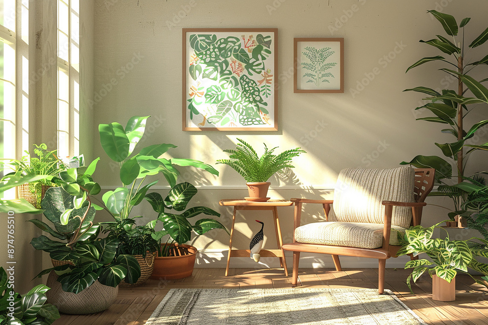 A cozy corner with various potted plants, a wooden chair, and botanical art prints on the wall, all bathed in soft natural light.