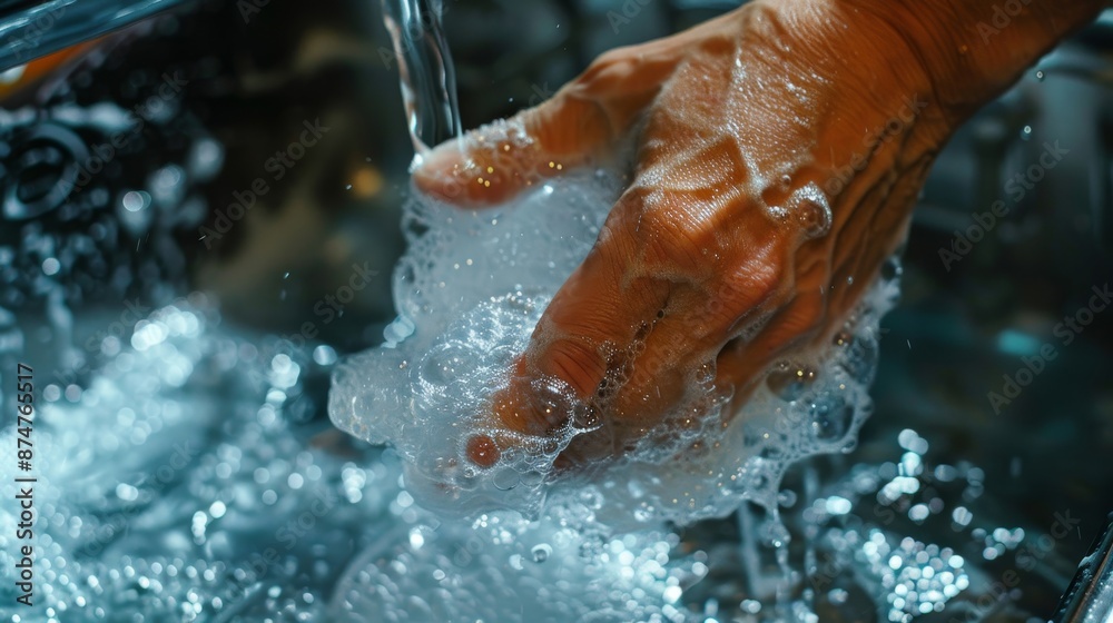 Fototapeta premium A hand is washing itself in a sink with soap