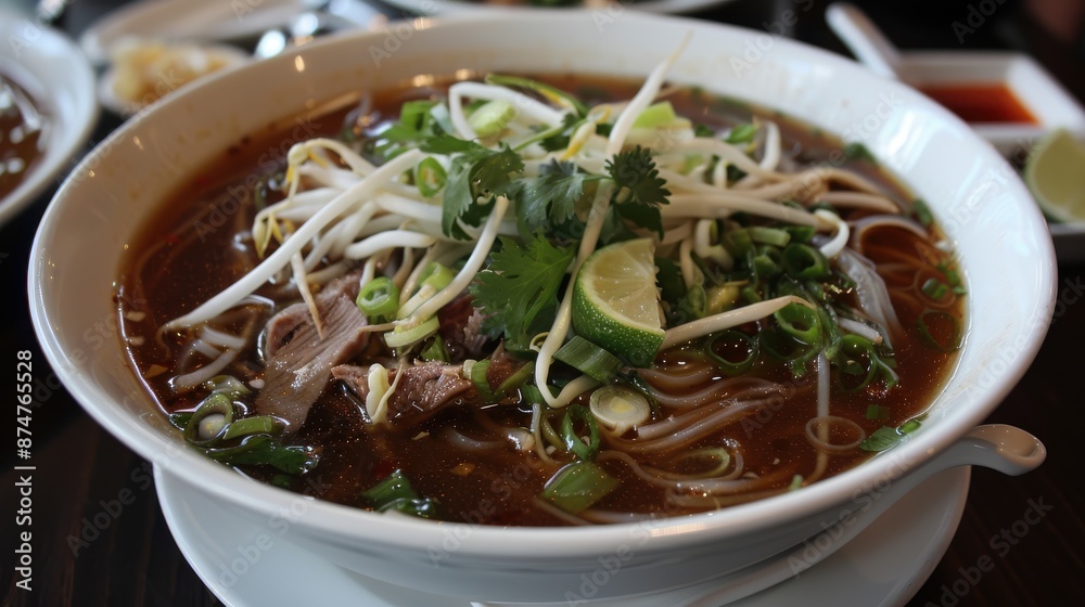 A bowl of spicy, tangy pho filled with tender slices of beef, fresh rice noodles, and a fragrant, aromatic broth, garnished with fresh herbs, lime wedges, and crunchy bean sprouts A bowl of spicy, tangy pho filled with tender slices of beef, fresh rice noodles, and a fragrant, aromatic broth, garnished with fresh herbs, lime wedges, and crunchy bean sprouts