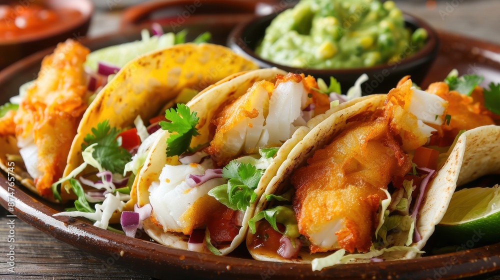 A plate of crispy, golden fish tacos filled with tender, flaky fish, fresh, crunchy vegetables, and a tangy, zesty sauce, served with a side of creamy guacamole A plate of crispy, golden fish tacos filled with tender, flaky fish, fresh, crunchy vegetables, and a tangy, zesty sauce, served with a side of creamy guacamole