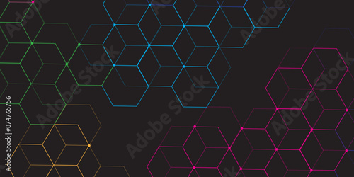 Abstract black hexagon background design colorful honeycomb grid pattern lines and dots.. Luxury dark Pattern, vector. Medical background or science design. Molecular structure and chemical compounds.