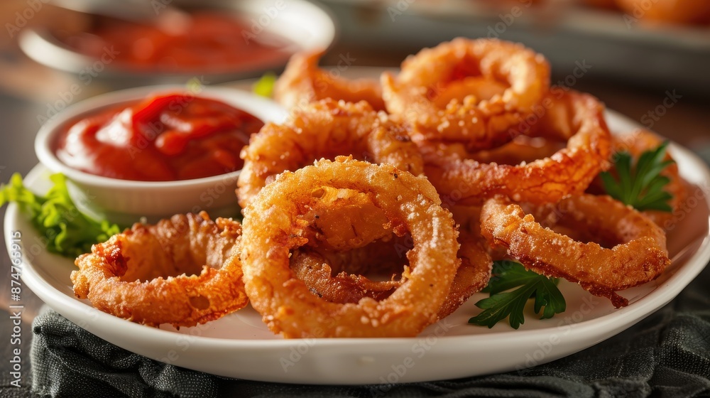A plate of crispy, golden onion rings served with a side of tangy, zesty dipping sauce, perfect as a delicious appetizer or side dish A plate of crispy, golden onion rings served with a side of tangy, zesty dipping sauce, perfect as a delicious appetizer or side dish