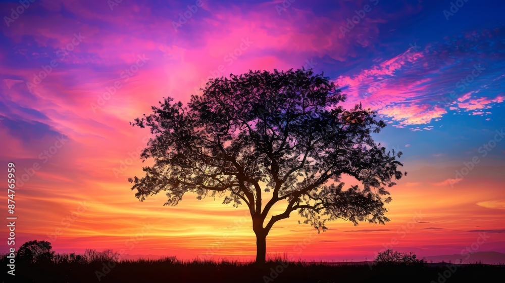 Serene sunset landscape with a lone tree silhouette against a colorful sky. Nature, tranquility, and peace concept. Serene sunset landscape with a lone tree silhouette against a colorful sky. Nature, tranquility, and peace concept.