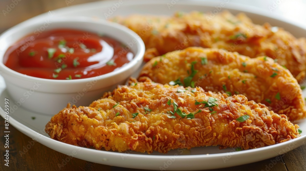 A plate of crispy, golden chicken tenders served with a side of tangy, zesty dipping sauce, perfect as a delicious appetizer or main dish A plate of crispy, golden chicken tenders served with a side of tangy, zesty dipping sauce, perfect as a delicious appetizer or main dish