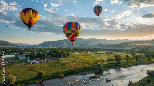 A group of hot air balloons are flying over a grassy field