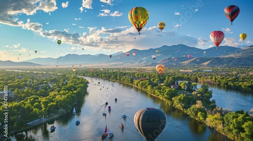 A hot air balloon festival is taking place over a river