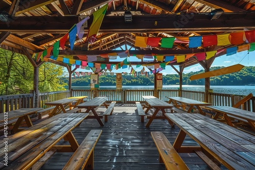 typical bavarian beergarden with wooden benches and tables photo