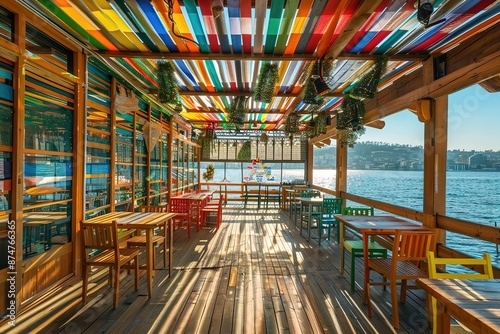 typical bavarian beergarden with wooden benches and tables photo