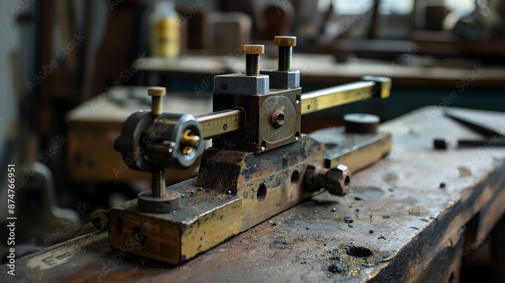 A precision height gauge on a workbench A precision height gauge on a workbench