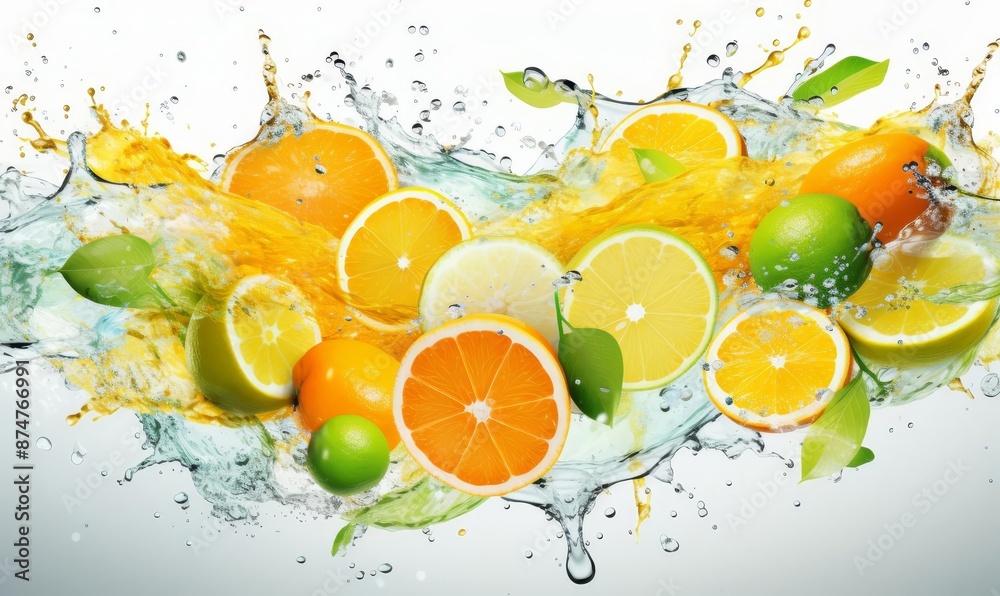 A refreshing abstract background illustration with splashes of citrus colors against a crisp white background, evoking a summer vibe A refreshing abstract background illustration with splashes of citrus colors against a crisp white background, evoking a summer vibe