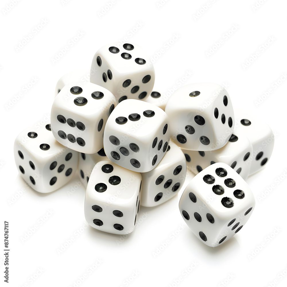 A pile of white dice with black dots stacked together on a white background, representing chance and randomness in games and probability. A pile of white dice with black dots stacked together on a white background, representing chance and randomness in games and probability.