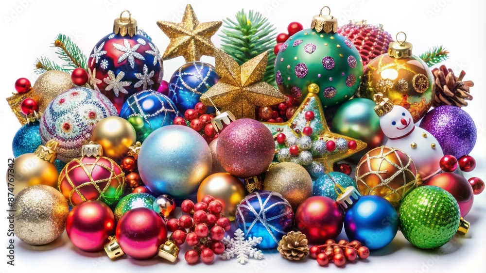 Vibrant, isolated, intricately designed festive ornaments in various shapes, sizes, and colors, decorated with glitter, snowflakes, and ribbons, on white background. Vibrant, isolated, intricately designed festive ornaments in various shapes, sizes, and colors, decorated with glitter, snowflakes, and ribbons, on white background.