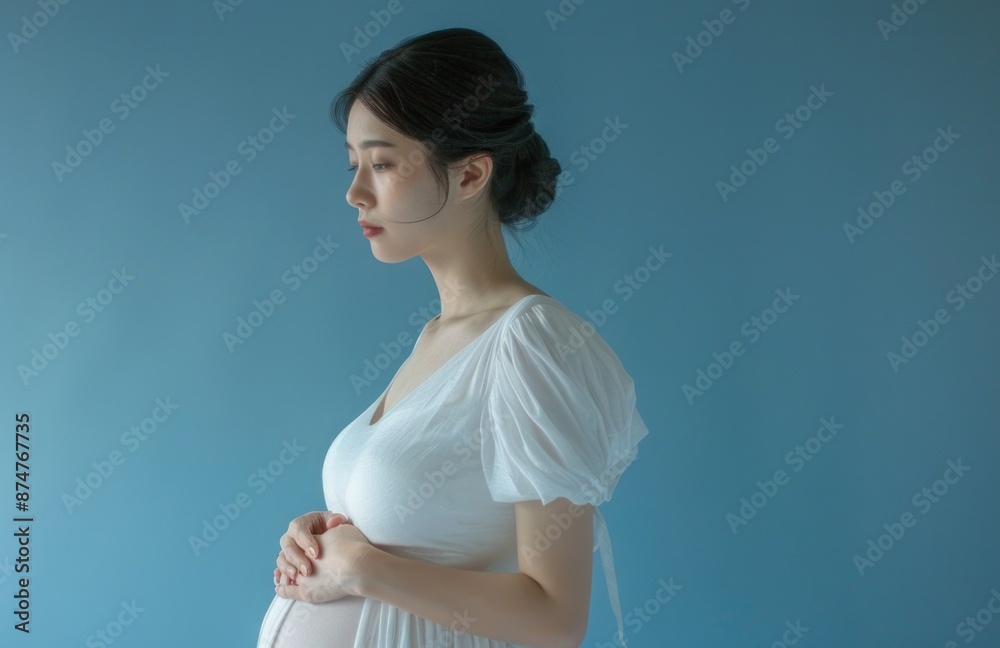Young pregnant woman in a white dress touching her belly isolated on a blue background. Young pregnant woman in a white dress touching her belly isolated on a blue background.