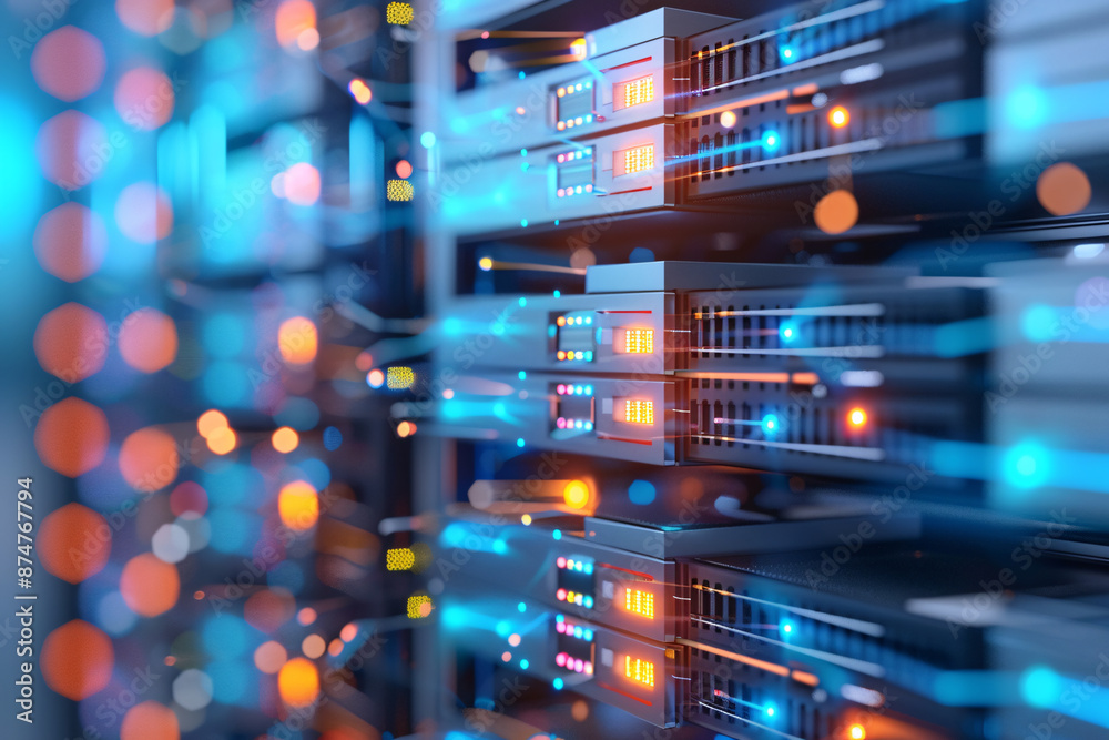 Close-up of a server rack with glowing lights, showcasing the intricate network of data storage and processing. Close-up of a server rack with glowing lights, showcasing the intricate network of data storage and processing.
