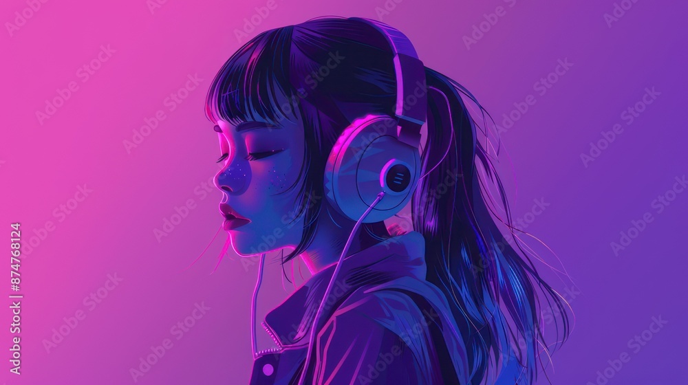 Obraz premium Illustration of a girl with headphones in the lofi style with a purple and blue color palette.