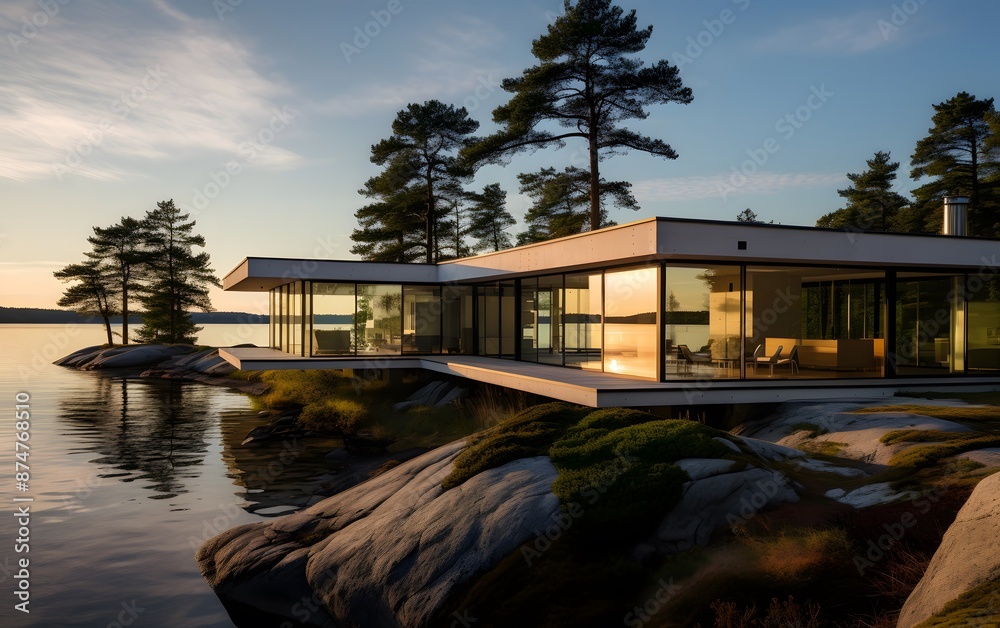 Modern Lakeside House at Sunset Modern Lakeside House at Sunset