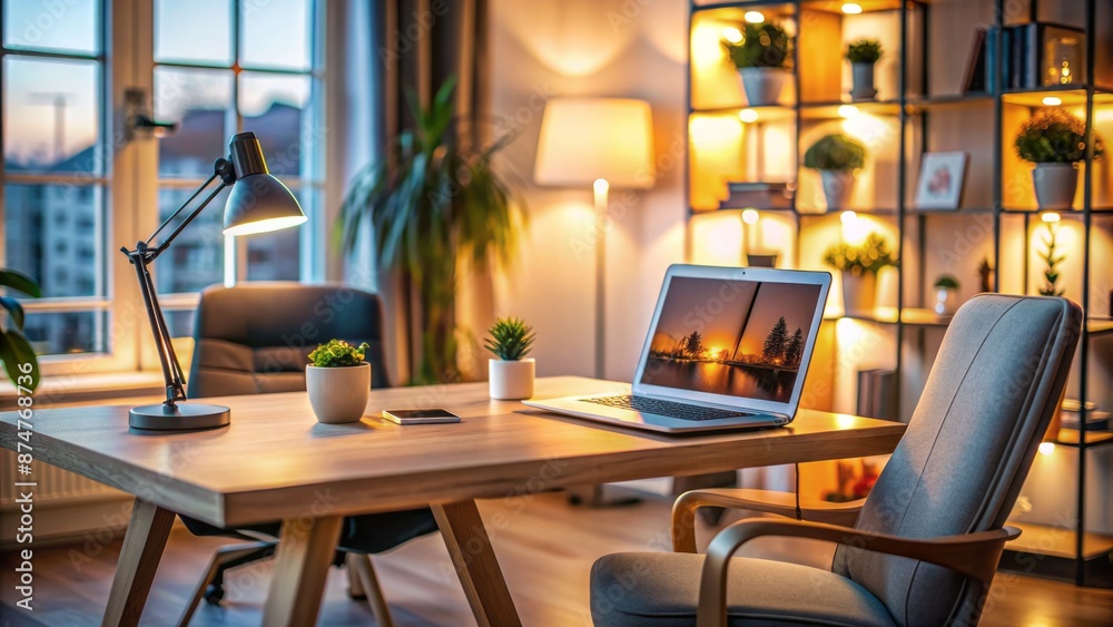 Cozy home workspace setup with laptop computer on wooden desk surrounded by notes and coffee cup, natural light and blurry background. Cozy home workspace setup with laptop computer on wooden desk surrounded by notes and coffee cup, natural light and blurry background.