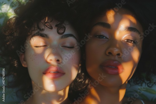 Two diverse women lying together capturing a peaceful moment under sunlight. photo