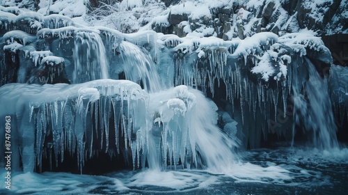 Frozen Waterfall. Stunning Icicles and Cascading Water in Winter Wonderland